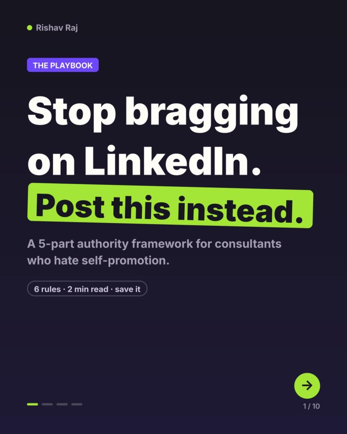 A LinkedIn carousel written with Voyce: Stop bragging on LinkedIn. Post this instead. A 5-part authority framework for consultants who hate self-promotion.